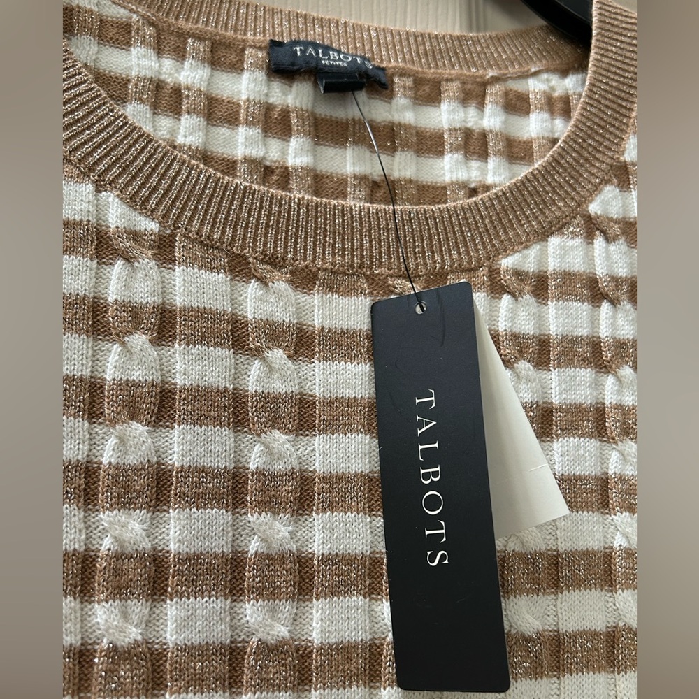 NWT Talbots Gold Metallic Cream Striped Ribbed Crewneck Sweater Holiday Size XL - Picture 7 of 15